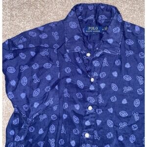 Polo Ralph Lauren 100% Linen shirt Mens M Blue all over print football button up